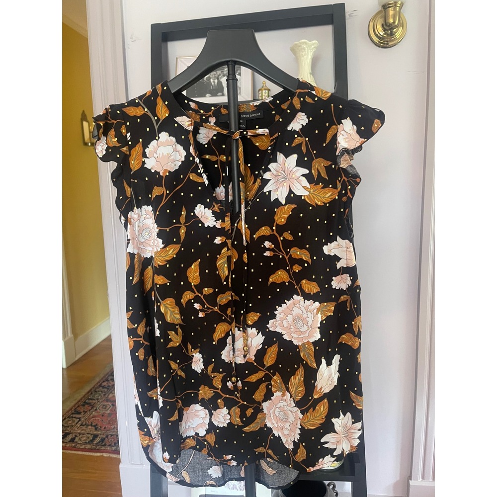 Harve Benard Floral Blouse M Black Gold Foil Flutter Sleeve Tie Neck Boho